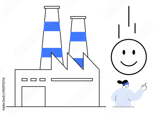 Environmental impact. Environmental symbols and factory relation with positive communication. Environmental management in industrialization settings. For sustainability, eco-friendly policies