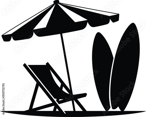 Black and white silhouette of a beach scene with a parasol, a deck chair, and two surfboards