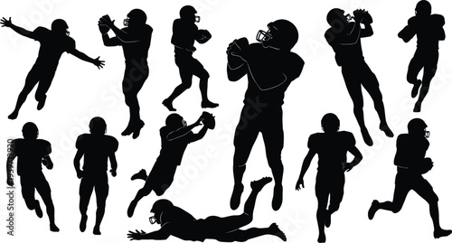 A collection of black silhouettes of American football players in various poses on a white background