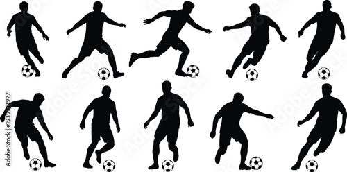 A group of soccer players in various poses kicking a ball in silhouette on a white background