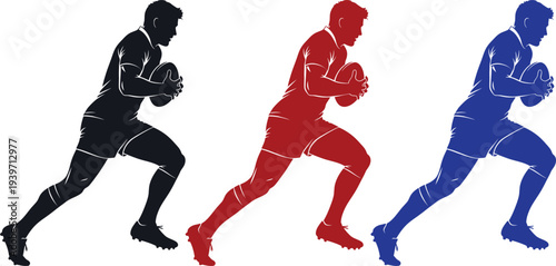 Three rugby players in different colored silhouettes running with the ball on a white background