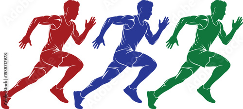 Three colorful athletes running in a competitive sprinting motion on a white background