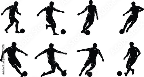 A collection of black silhouettes of soccer players in various poses on a white background