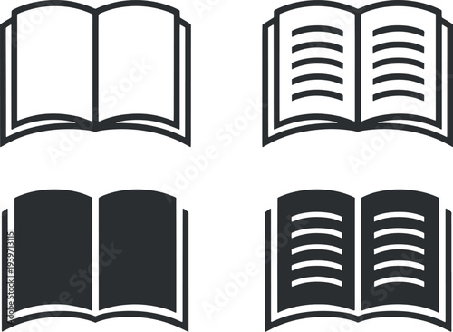 Versatile Set of Open Book Vector Icons in Black Outline and Filled Styles