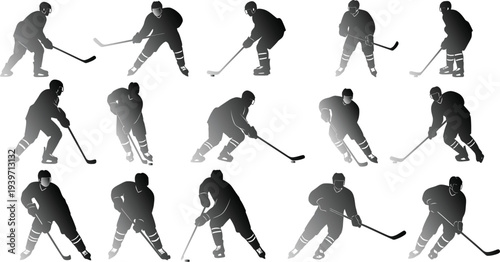 A collection of hockey players in various poses on the ice with their sticks and skates