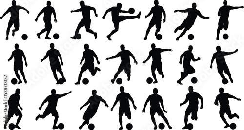 A collection of black silhouettes of soccer players in various poses on a white background