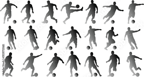 A collection of silhouetted soccer players in various poses kicking a ball on a white background