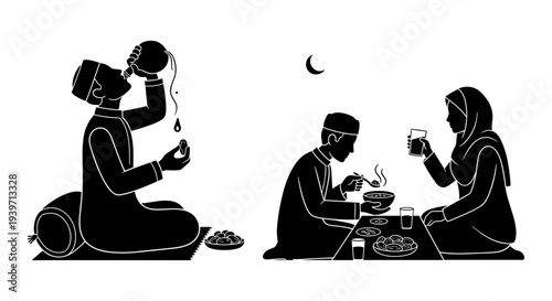Black and white vector illustration depicting a Muslim man breaking his fast by drinking water and eating dates, alongside a couple enjoying an Iftar meal during Ramadan