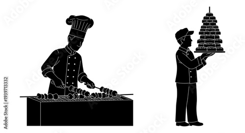 Professional Chef Grilling Skewers and Waiter Carrying Stacked Desserts Vector Illustration Set for Restaurant Menu and Catering Design