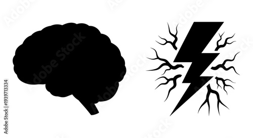Black Silhouette Brain and Lightning Bolt with Branches Vector Illustration Set for Idea, Creativity, and Mental Health Concepts