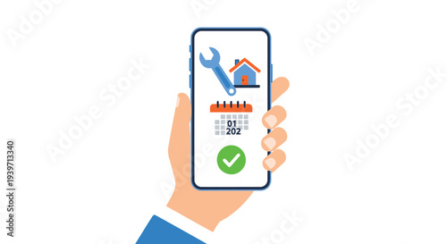 Vector illustration of hand holding smartphone with home maintenance icons