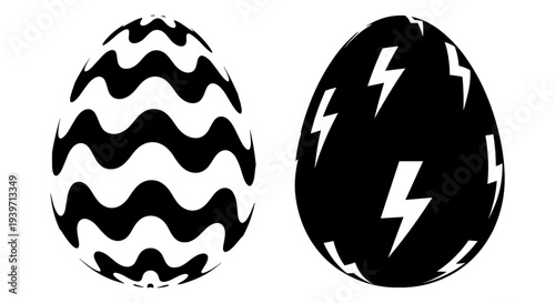 Black and white vector Easter eggs with wavy lines and lightning bolt patterns, isolated on a white background, perfect for holiday designs and graphic resources