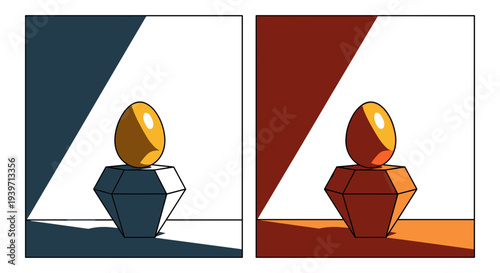 Vector illustration of two golden eggs on geometric pedestals, showcasing light and shadow studies with contrasting blue and orange backgrounds, ideal for design education or artistic concepts.