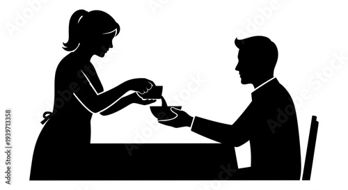 Black silhouette vector illustration of a woman serving a man at a table, depicting service, hospitality, and dining