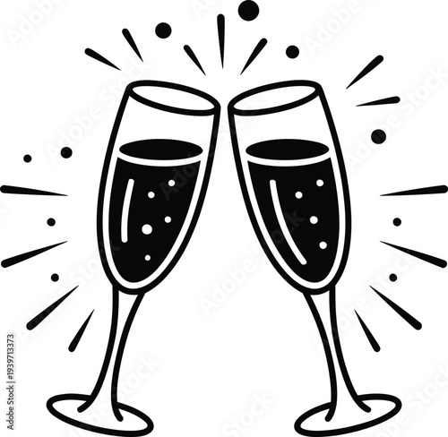 Two champagne glasses clinking for a toast celebration icon