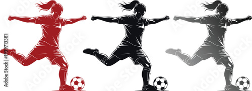 A woman in different poses kicking a soccer ball in red, black, and gray silhouettes