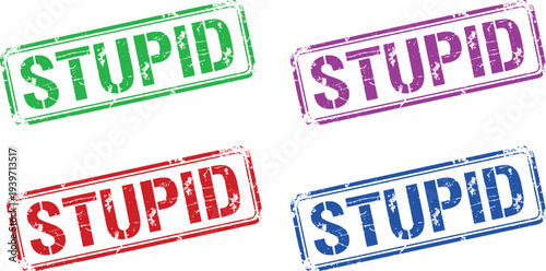 A set of colorful stamps with the word 'stupid' on a white background