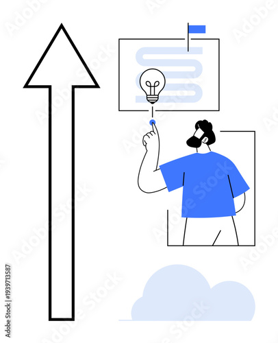 Growth, innovation, goal setting, idea generation, progress tracking, personal development, business success. Man pointing at a light bulb with an arrow pointing upward. Growth and innovation visuals