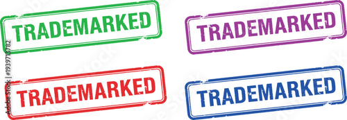 A set of colorful trademark stamps on a white background