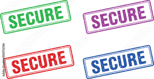 Four colorful secure stamps on a white background for safety and protection concepts