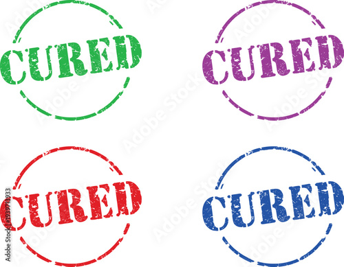 Four colorful cured rubber stamps on a white background