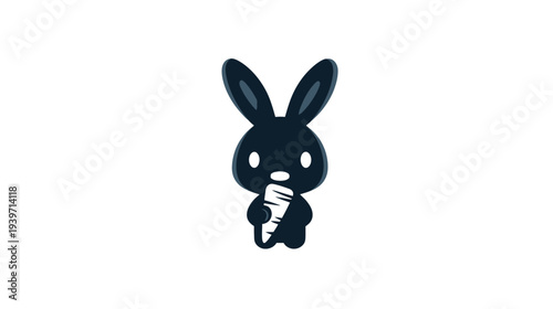 Cute black bunny illustration holding a white carrot. Simple stylized rabbit character on a clean white background.