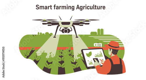 Smart farming agriculture vector illustration with drone and farmer