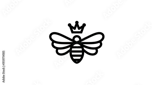 Minimalist black and white queen bee line art illustration with a crown. Elegant royal insect icon for branding and design.