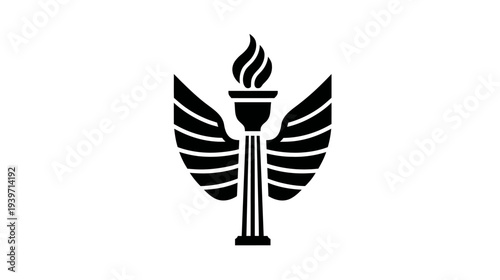Black winged torch icon. Symbol of enlightenment, knowledge, victory, achievement, education, and freedom. Graphic design element.