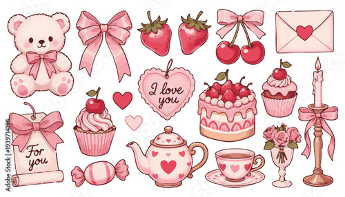 Set of hand drawn coquette elements for Valentines day, wedding invitation, birthday card. Cute girly bows, ribbons, cherry, cake, toy bear,  rose, strawberry. Vintage vector illustration design.