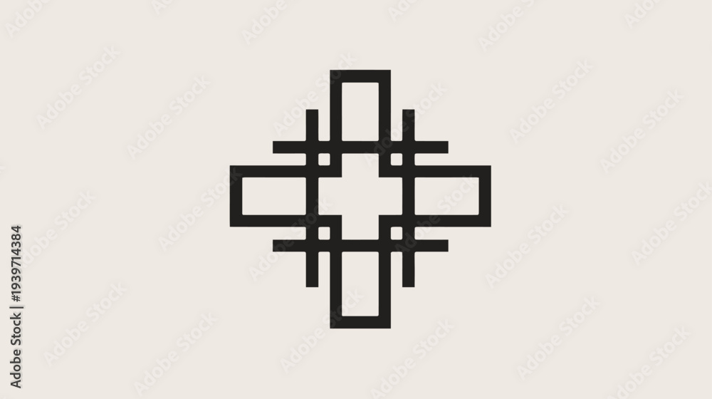 Fototapeta premium Modern Geometric Abstract Cross Pattern Design on Light Background. Minimalist Symmetrical Square Shape Graphic Element.