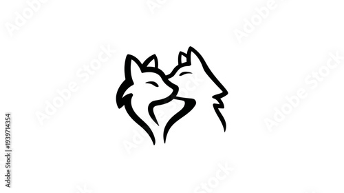 Minimalist black line art illustration of two stylized foxes in an affectionate embrace, symbolizing love and companionship.