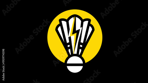 Dynamic badminton shuttlecock icon with lightning bolt in yellow circle. Represents speed, power, and energy in sports.