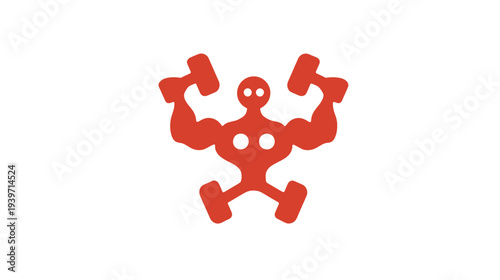 Strong red muscular fitness character graphic holding dumbbells, symbolizing power, workout, healthy lifestyle, and physical strength.