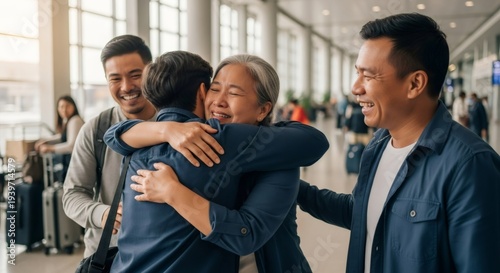 A man gives a warm hug to older woman at an airport or train station for travel, family reunion or greeting concept.