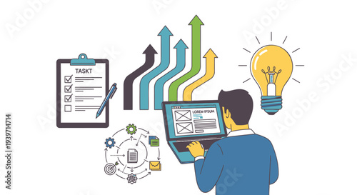 Vector illustration of business concept with man using laptop and icons