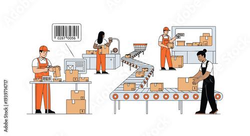 Vector illustration of warehouse workers on a production line
