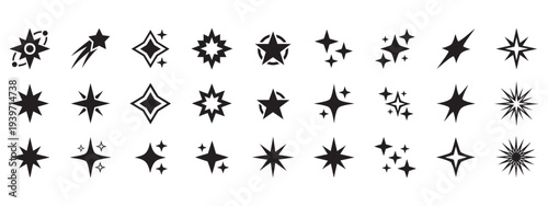 A vector set of stars and bursts icons, twinkling stars. Different black sparkles icons on transparent background. Vector illustration