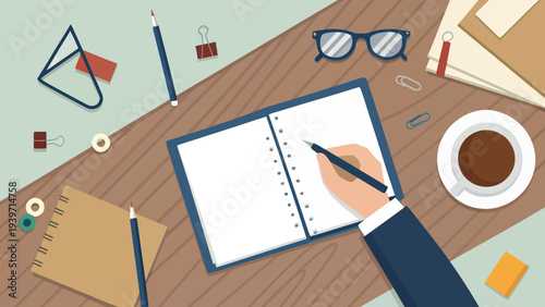 Businessman writing notes on lined paper at wooden desk with office supplies