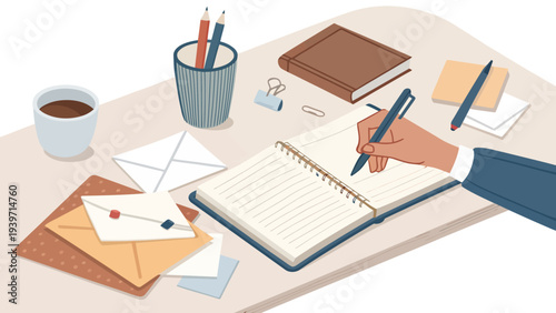 Businessperson writing in notebook at desk with office supplies