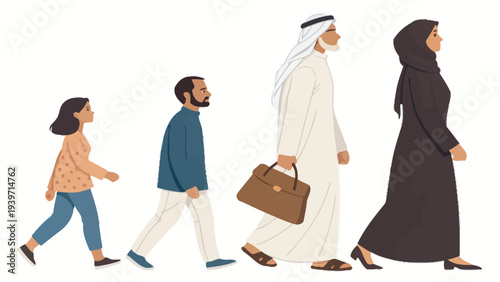 Diverse group of people walking together in modern clothing