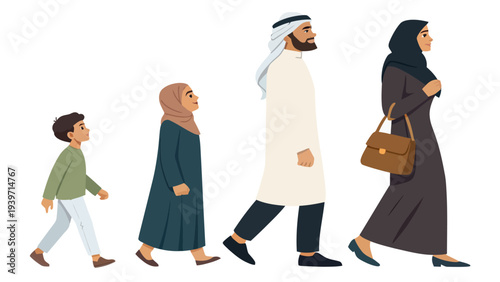 Diverse family walking together in traditional attire with modern style