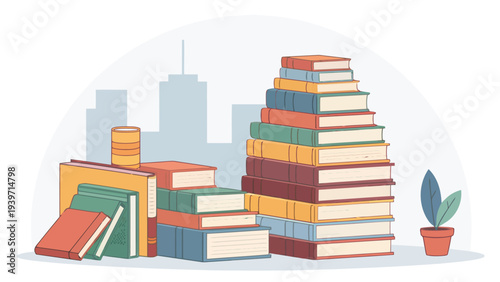 Vibrant stack of books in modern city setting with potted plant