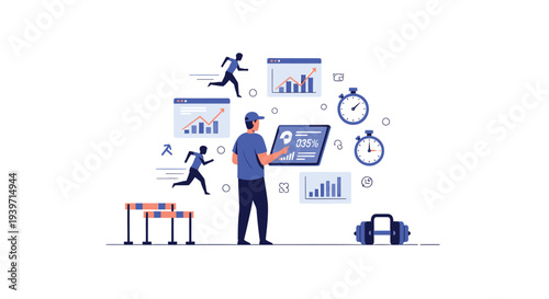Vector illustration of man analyzing business data and productivity icons