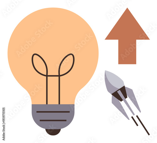 Startup ideas, innovation, business growth, creativity, future success, goal achievement. Minimalist lightbulb, rocket launching upward arrow. Innovation and business growth concept