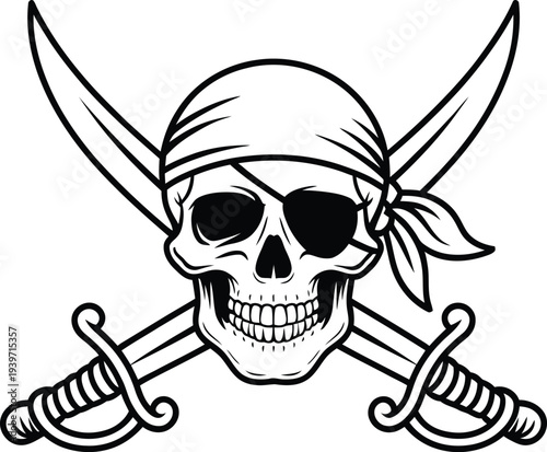 Pirate skull with eyepatch and bandana with crossed swords