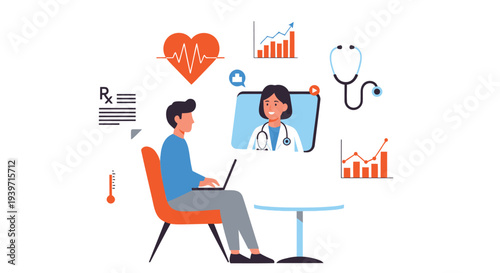 Vector illustration of doctor and patient consultation with medical icons