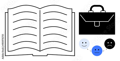 Education, business planning, emotional growth, learning, office tools, decision-making. Open book, briefcase and three emotive icons highlighted. Education and business planning concept