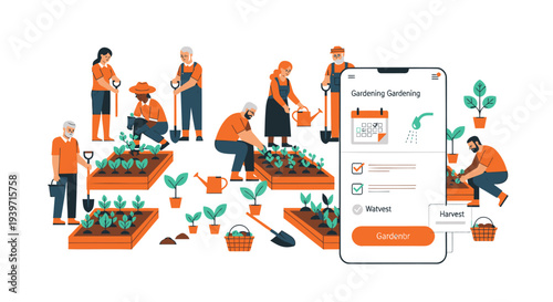 Set of gardening icons and smartphone vector illustration