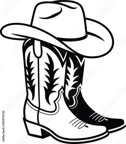 Cowboy hat and boots black and white illustration